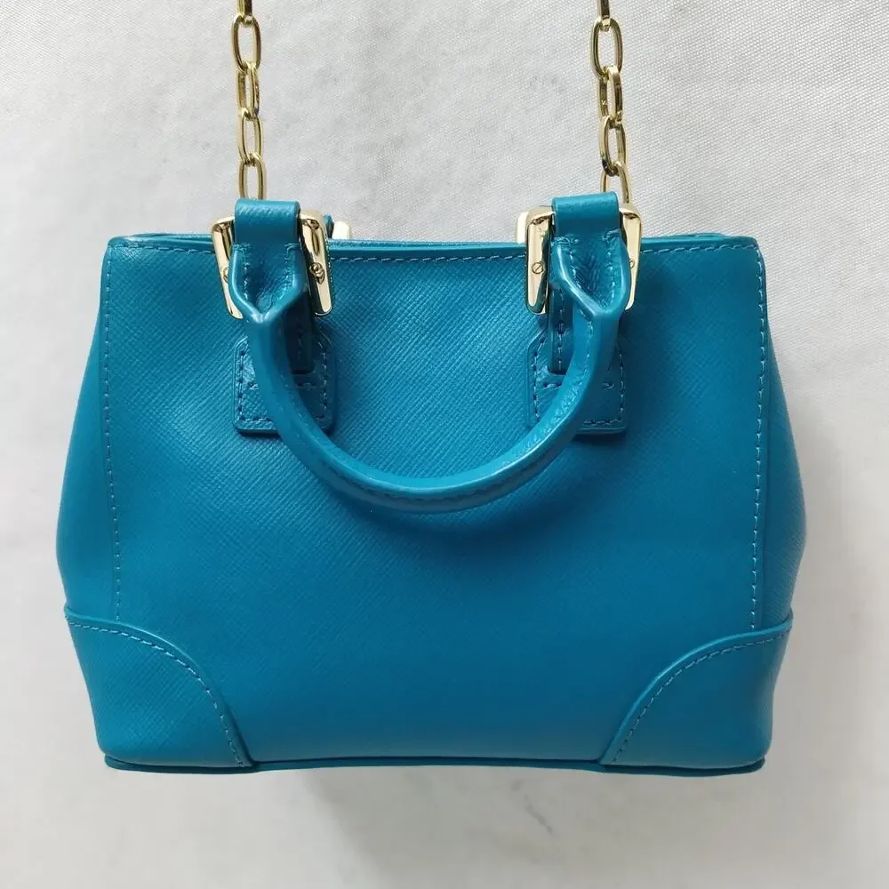 Tory Burch Robinson Blue Leather Doubled Handles Mini Tote Crossbody Bag